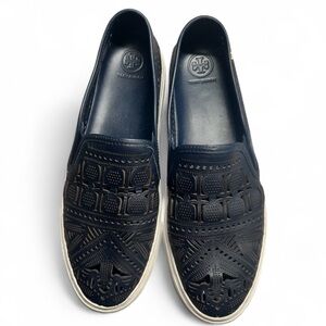 Tory Burch Lennon Dark Navy Blue Slip-On Loafers Lazer Cut Size 10